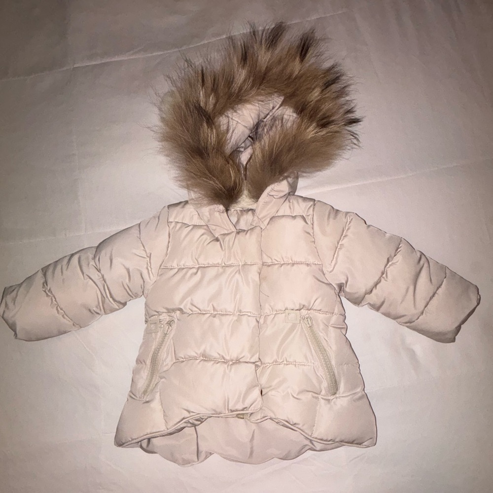Cream Puffer Jacket with Faux Fur Hood